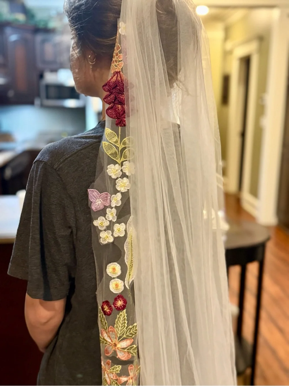 Floral Embroidered Cathedral Veil with Burgundy & Lilac Accents